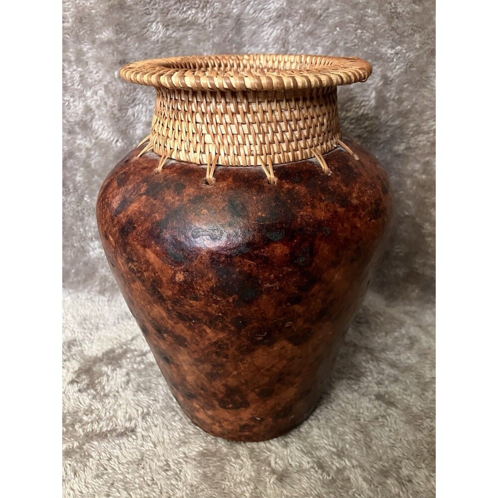 VTG Wicker Top Vase Tortoise Shell Brown Tones Rustic Farmhouse Cottage Core